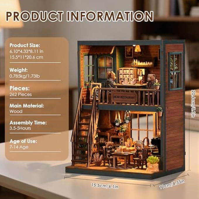 DIY BOOK NOOK KIT, 3D WOODEN PUZZLE & BOOKEND WITH LED LIGHT, CREATIVE BOOKSHELF DECORATION, MINIATURE HOUSE WOODEN PUZZLE, LIGHT CREATIVE GIFT FOR READERS (LITTLE BEAR BISTRO) - Image 3
